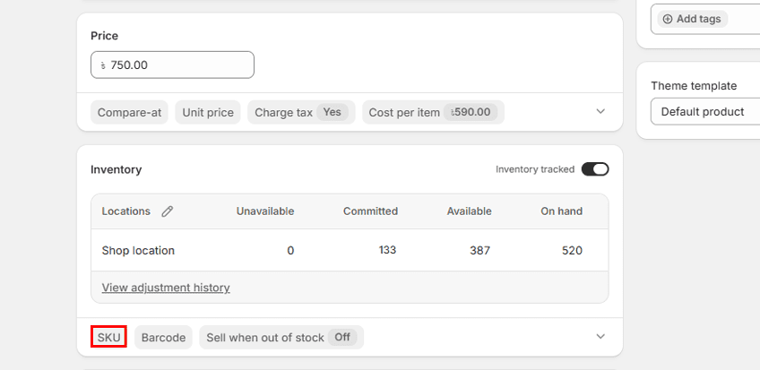 Locate the SKU (Stock Keeping Unit) field.