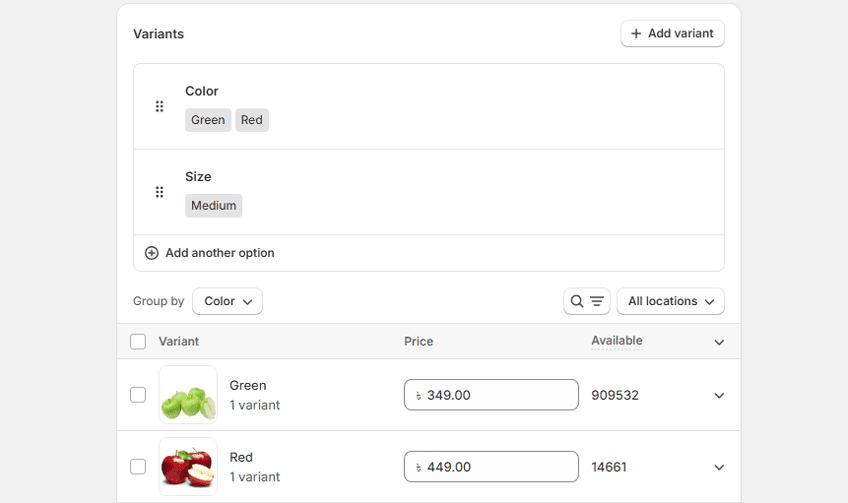 Variants section