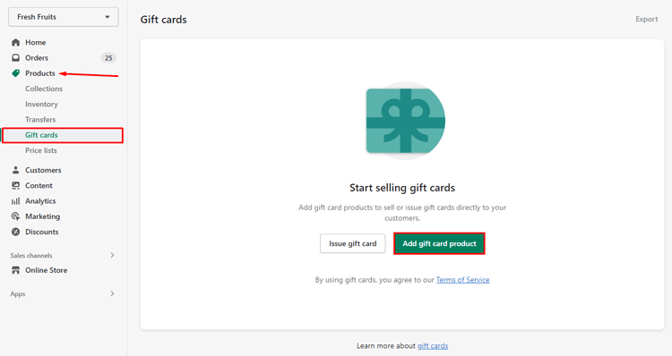Go To Product and Click Gift Cards