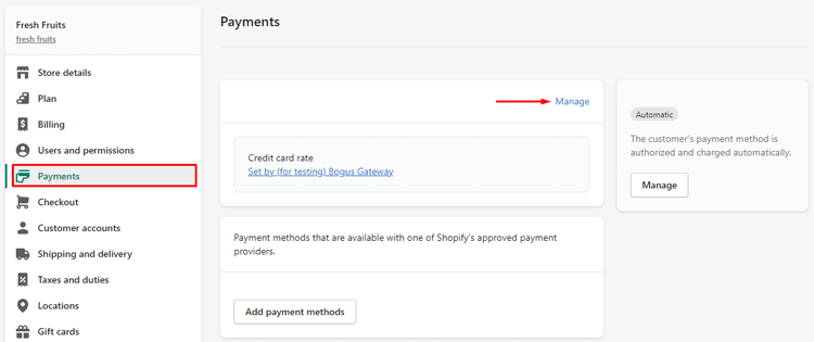 Click Payments>Manage