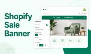 ShopiBuffet thumbnail about adding a sale banner on Shopify with green promotional UI.