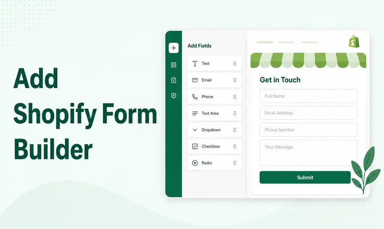 ShopiBuffet thumbnail about adding a Shopify form builder app with green storefront UI.
