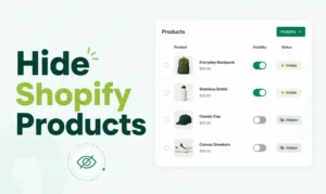 ShopiBuffet thumbnail about hiding products on Shopify with green storefront management UI