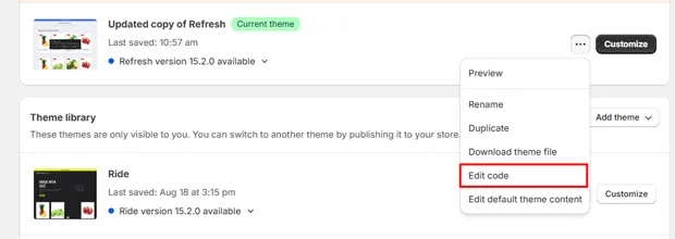 Click on the Edit Code Option