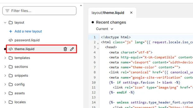 Go to the theme.liquid file