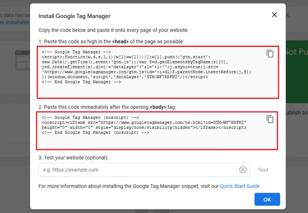 Copy the GTM code snippets