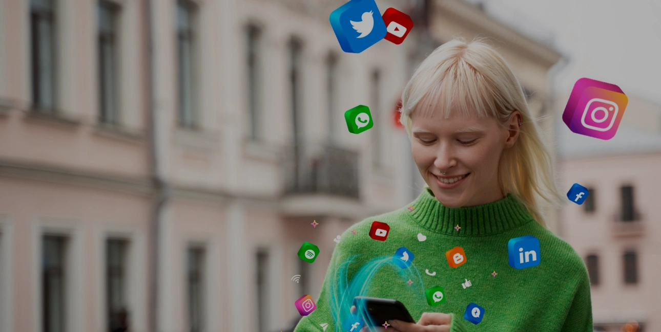 Pixee app video tutorial thumbnail showing woman with phone surrounded by social media platform icons demonstrating Facebook Pixel setup process