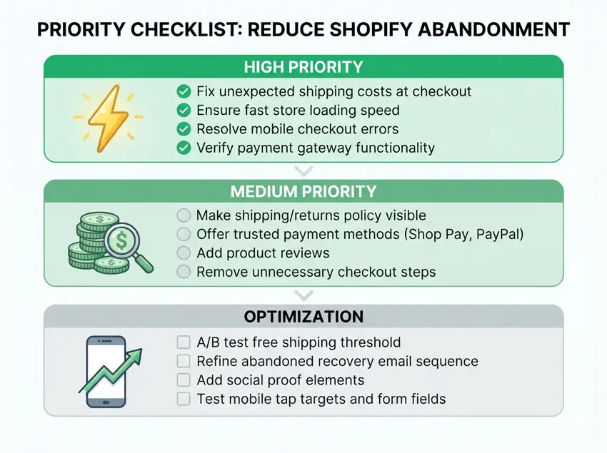 Priority Checklist to reduce Shopify Abandonment Cart